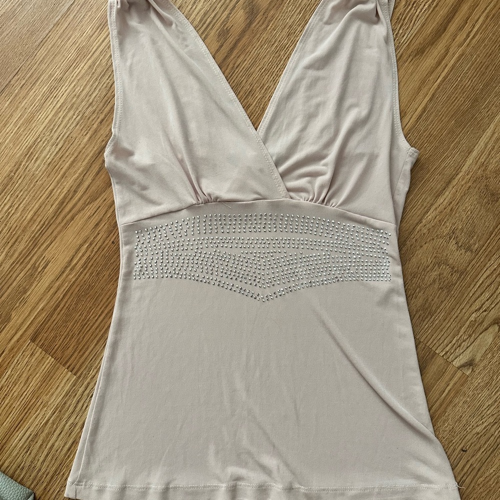 Rampage Y2k Elegant Beige Sleeveless Top with Rhinestone Detail